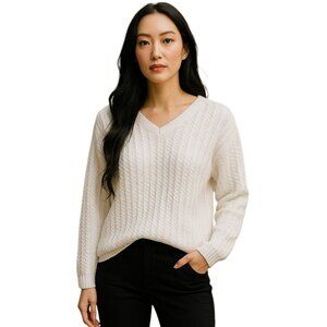 Eddie Bauer White Textured Knit Sweater V-Neck Pullover Size L